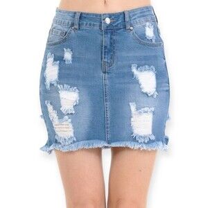 Wax Jean Distressed Medium Wash Mini Denim Skirt